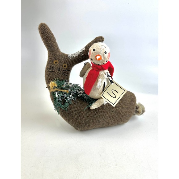 Vintage Snowman Riding A Large Bunny Rabbit Art Piece Soft Sculpture - Picture 7 of 11